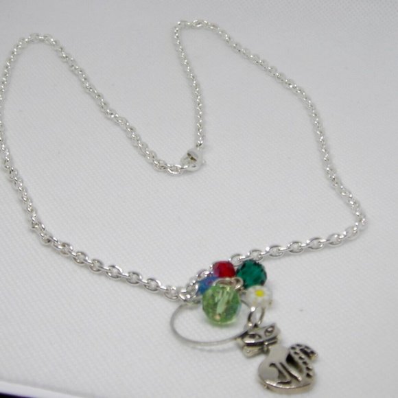 Handcrafted Silver Color Chain Cat Necklace AB Glass & Millefiori Glass Beads - Picture 5 of 11